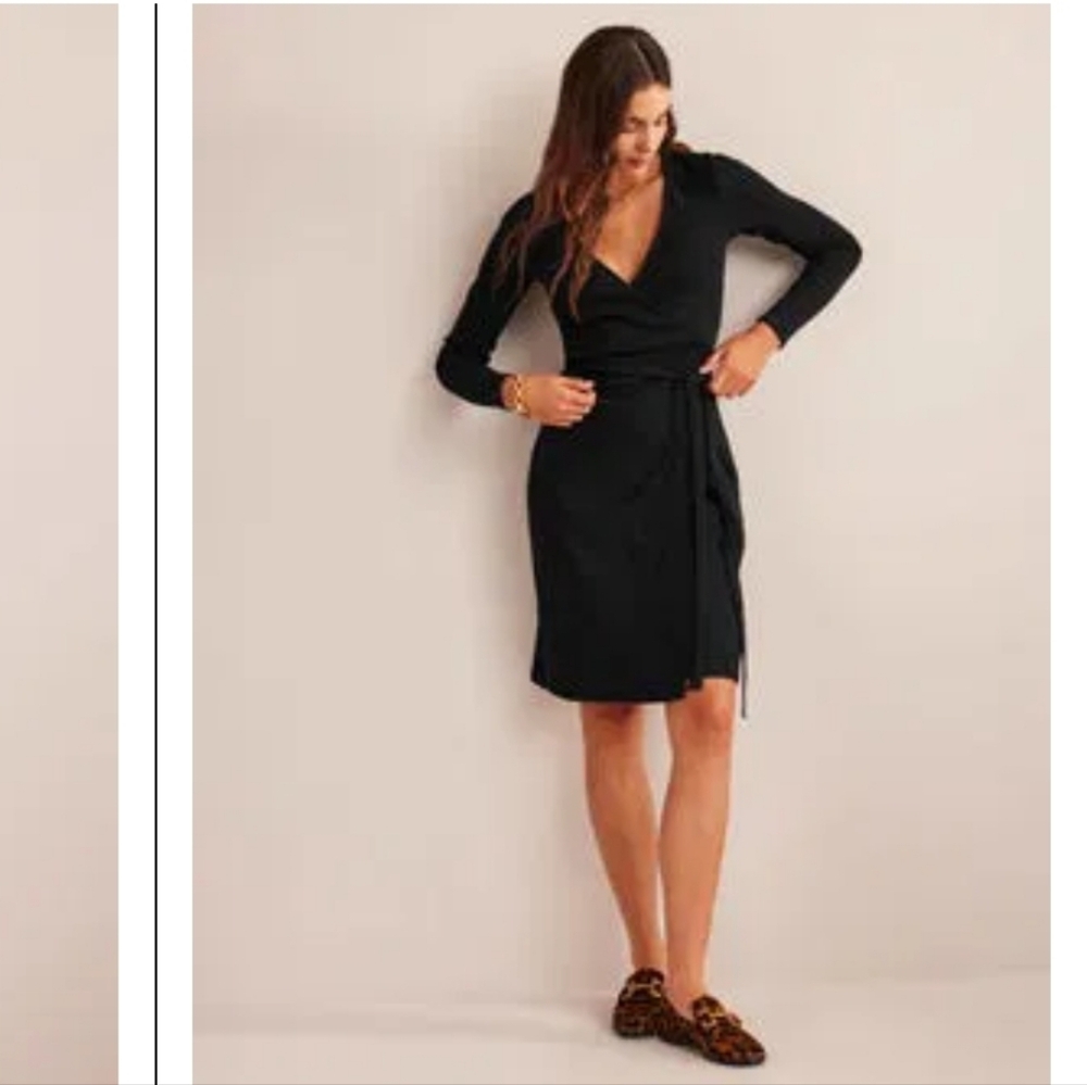 Boden Knit Quiet Luxury Black Vneck Faux Wrap Midi Cocktail Dress Stretch Size 2